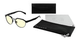 The Gunnar Campbell Computer Glasses | Size 52 from Gunnar feature yellow lenses and a stylish frame. They come with a black case, pouch, and cleaning cloth on a white background. Made from hybrid materials for ultimate comfort, they provide blue light blocking protection.
