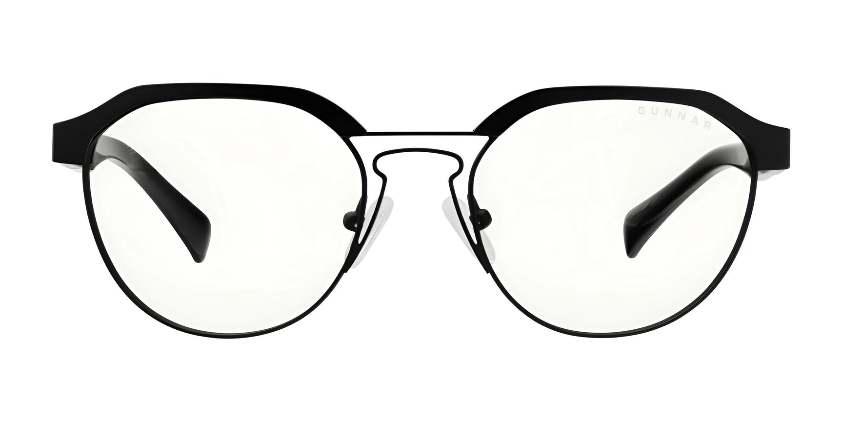 Gunnar Campbell Computer Glasses (Size 52) by Gunnar feature black rims and clear lenses, made from hybrid materials for extra durability, viewed from the front on a white background.