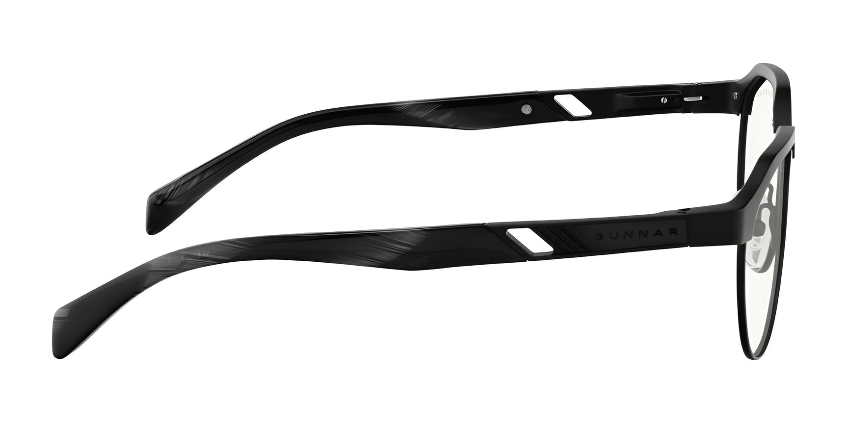 Side view of Gunnar Campbell Computer Glasses | Size 52 showcases sleek arms and subtle lens tint in a stylish black rectangular frame crafted from hybrid materials.