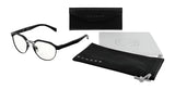 The Gunnar Campbell Computer Glasses | Size 52 feature stylish black rims and include a case, cleaning cloth, and pouch. Crafted from hybrid materials, their modern design is highlighted against a white background.