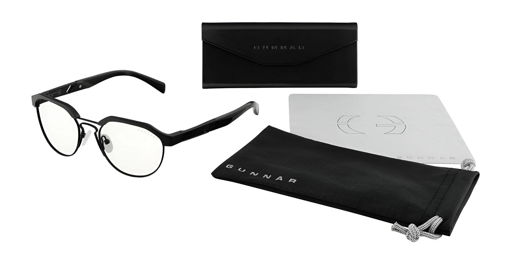 The Gunnar Campbell Computer Glasses | Size 52 feature stylish black rims and include a case, cleaning cloth, and pouch. Crafted from hybrid materials, their modern design is highlighted against a white background.
