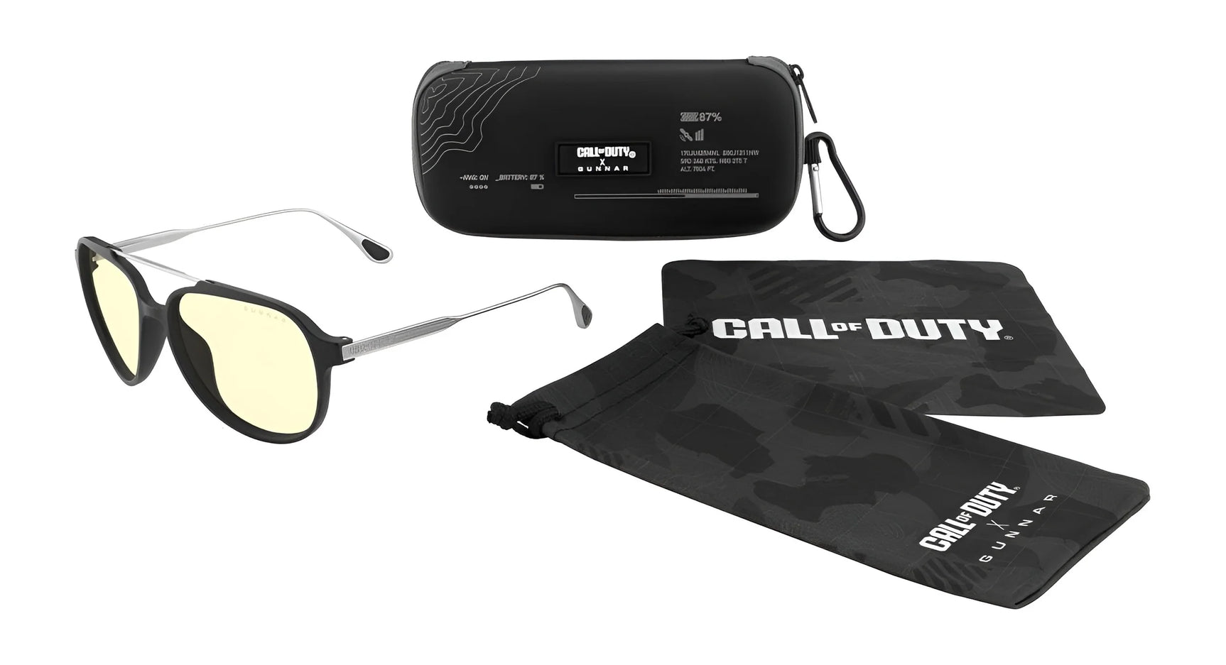 Enhance your gaming with Gunnar's Call of Duty Ghost Edition Computer Glasses. These feature photochromic Amber lenses, camo design, and come with a sleek black case and pouch, offering style and protection with signature branding. Size 56.