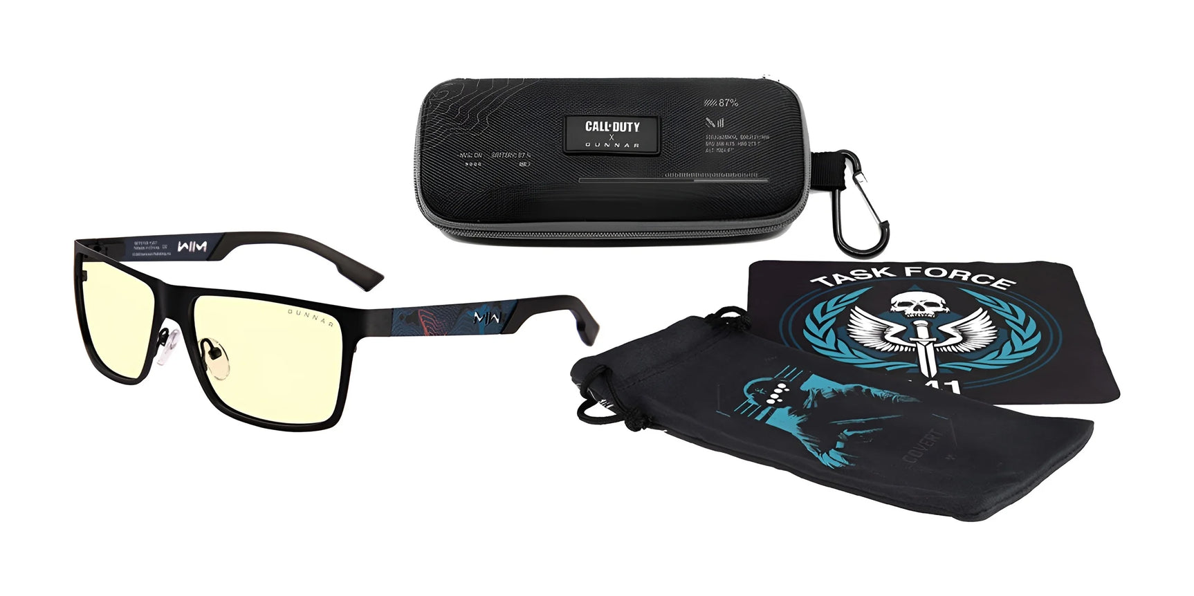 The Gunnar Call of Duty Covert Edition Computer Glasses in size 57 feature patented lens technology for blue light blocking and come with a stylish case and cloth. Adorned with a skull emblem and "Task Force 141" logo, they're the perfect accessory for any fan.