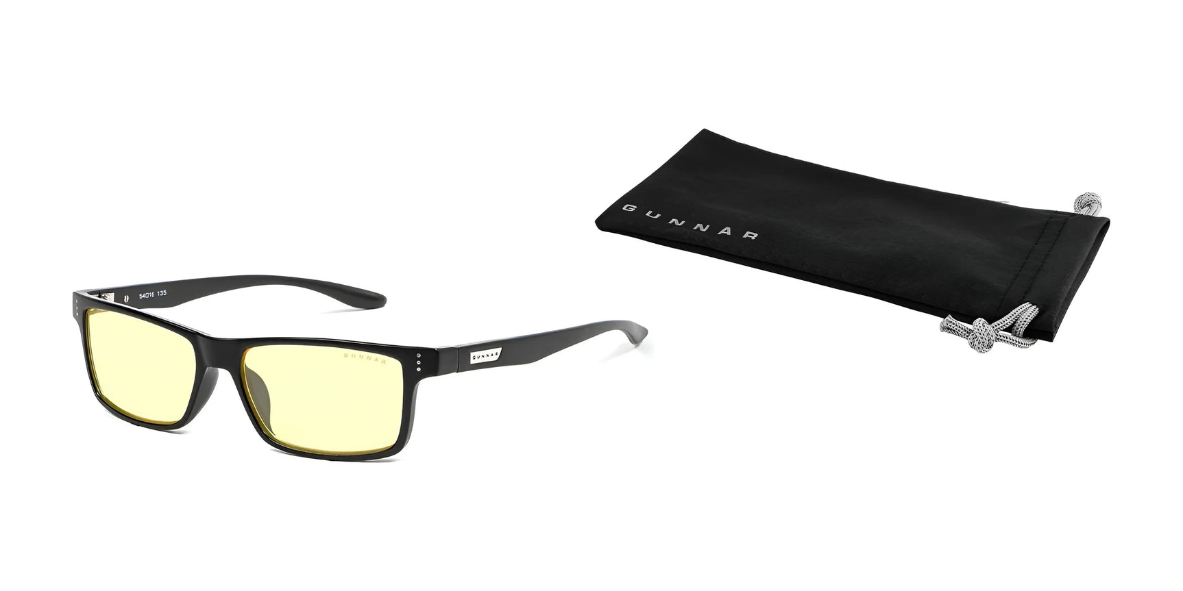 The Gunnar Cruz Computer Glasses, size 55, feature a black frame with yellow-tinted, blue light blocking lenses utilizing GUNNAR lens technology. They come with a sleek black GUNNAR pouch and are perfect for teens seeking style and eye protection.