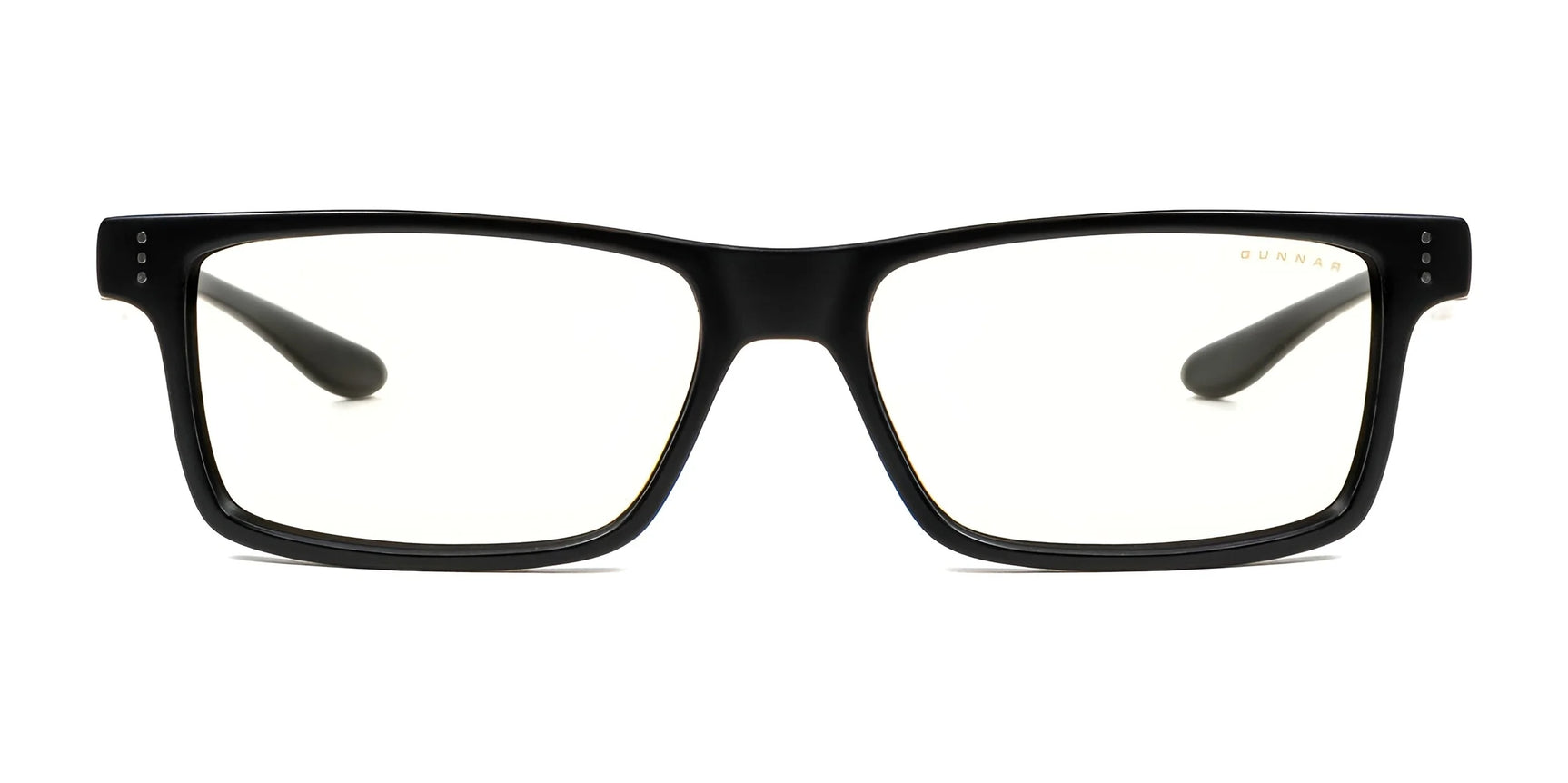 The Gunnar Cruz Computer Glasses, Size 55, are black and rectangular with clear GUNNAR lenses for blue light blocking. Ideal for teens who spend extended hours on screens.