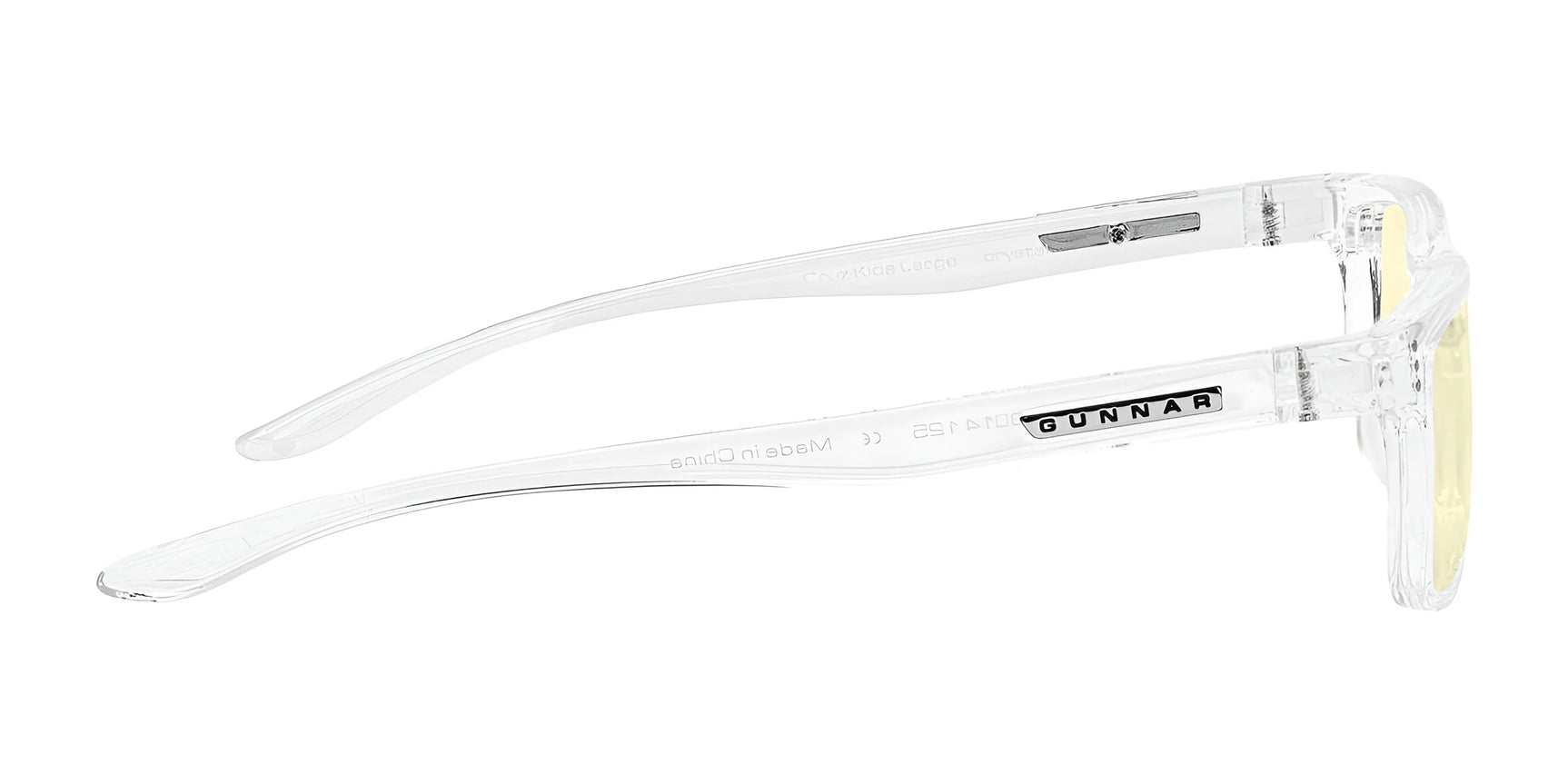 The Gunnar Cruz Kids Computer Glasses, Size 49, feature clear frames with yellow lenses and "Gunnar" on the temple. They are designed to expertly filter out blue light for protection.