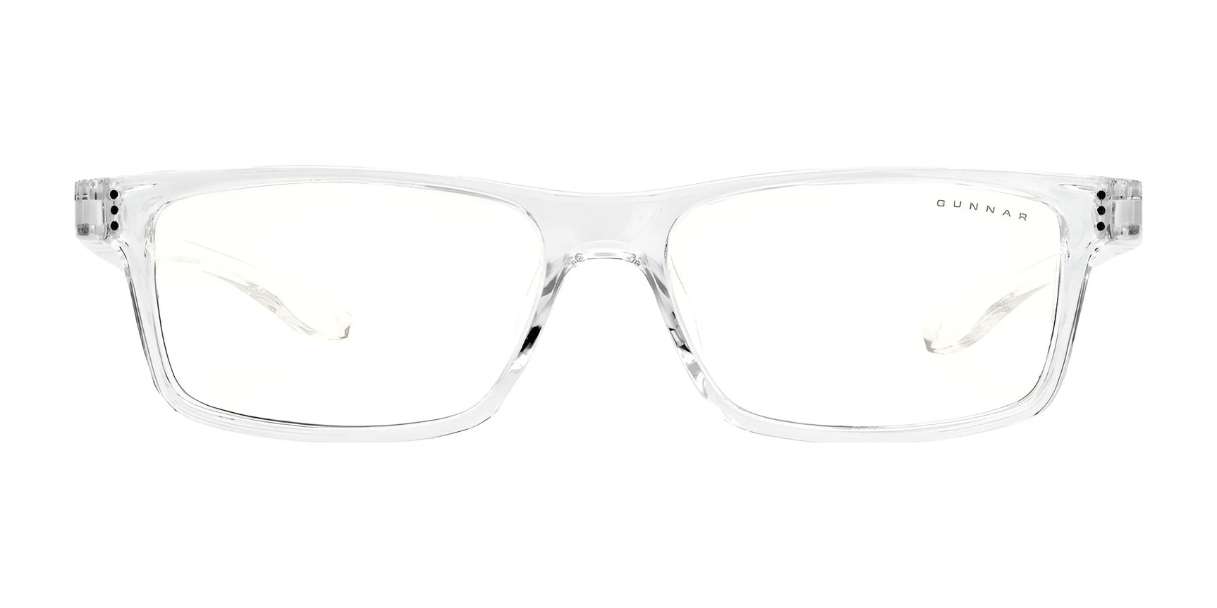 The Gunnar Cruz Kids Computer Glasses, size 49, feature clear rectangular lenses and transparent frames. These protective glasses are perfect for reducing blue light exposure and are presented on a white background.