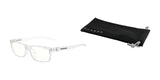 Clear-framed Gunnar Cruz Kids Computer Glasses, size 49, are elegantly placed next to a sleek black Gunnar pouch on a crisp white background.