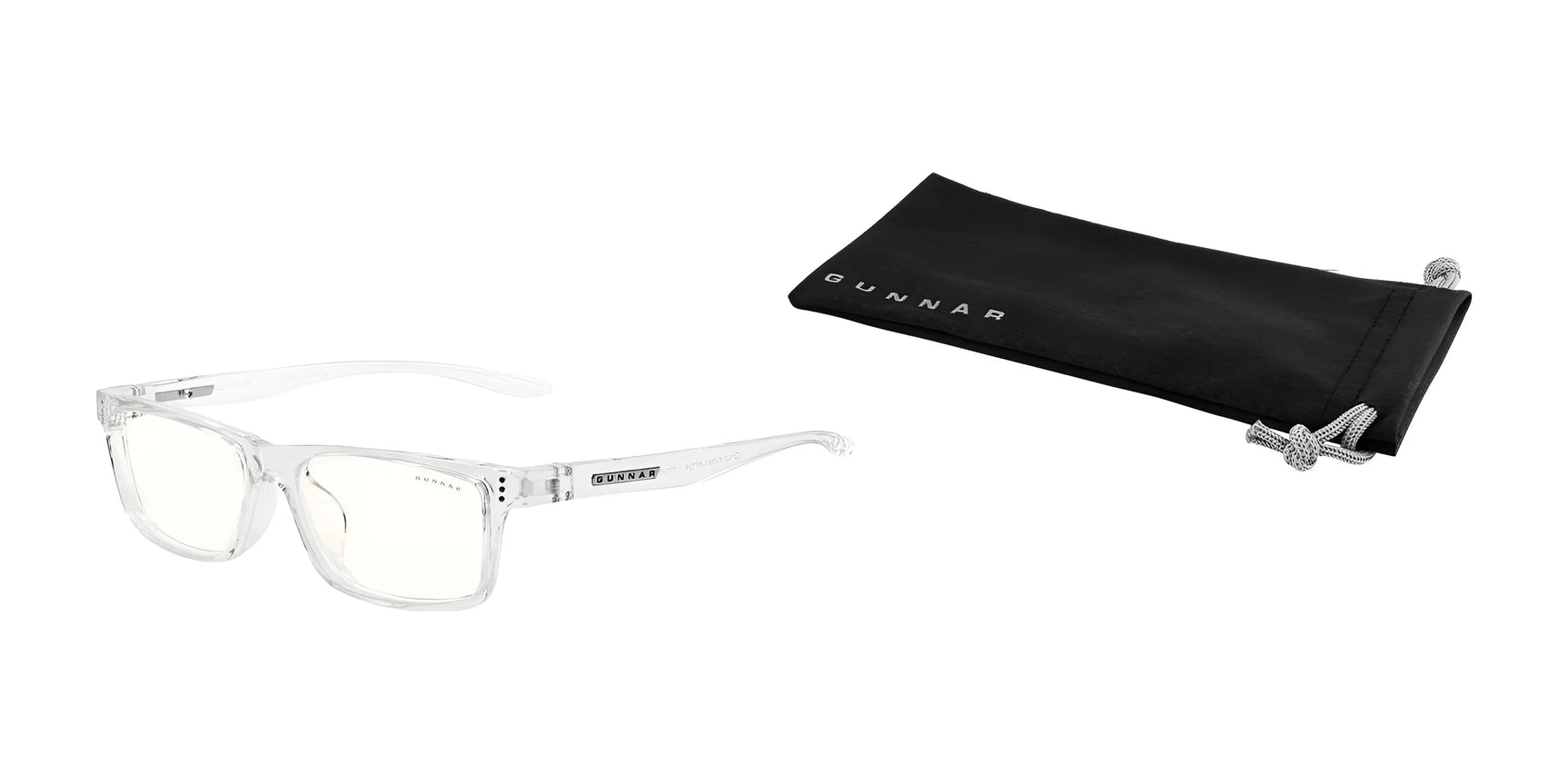 Clear-framed Gunnar Cruz Kids Computer Glasses, size 49, are elegantly placed next to a sleek black Gunnar pouch on a crisp white background.