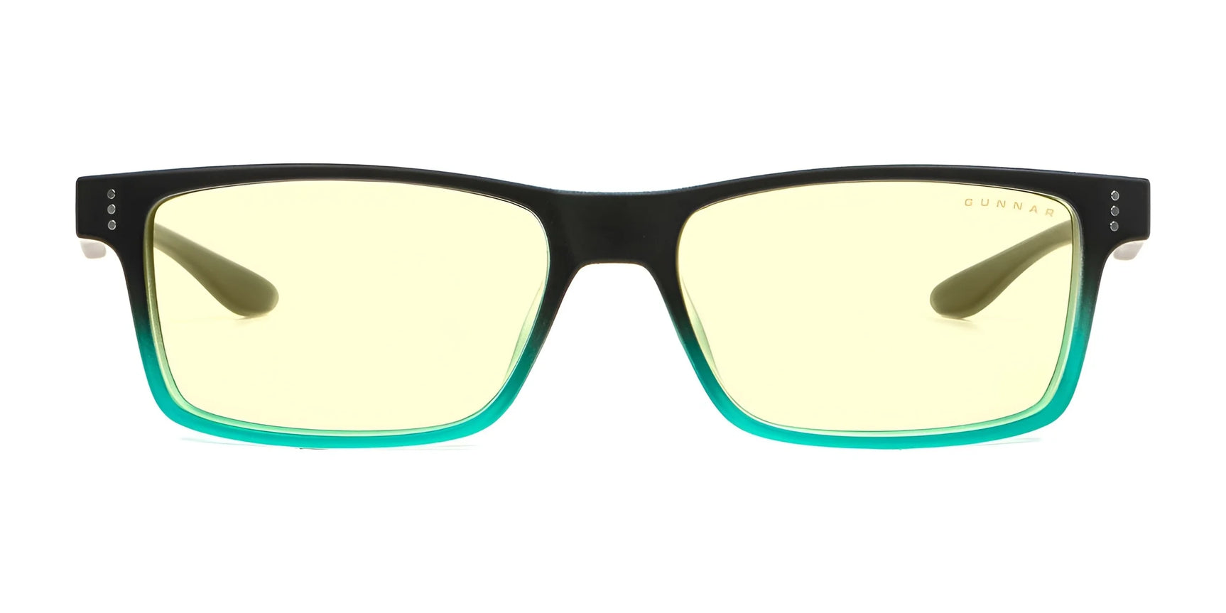 The Gunnar Cruz Computer Glasses, size 55, feature black and teal square frames with yellow-tinted blue light blocking lenses. They're perfect for teens by offering GUNNAR lens technology to enhance vision and comfort.