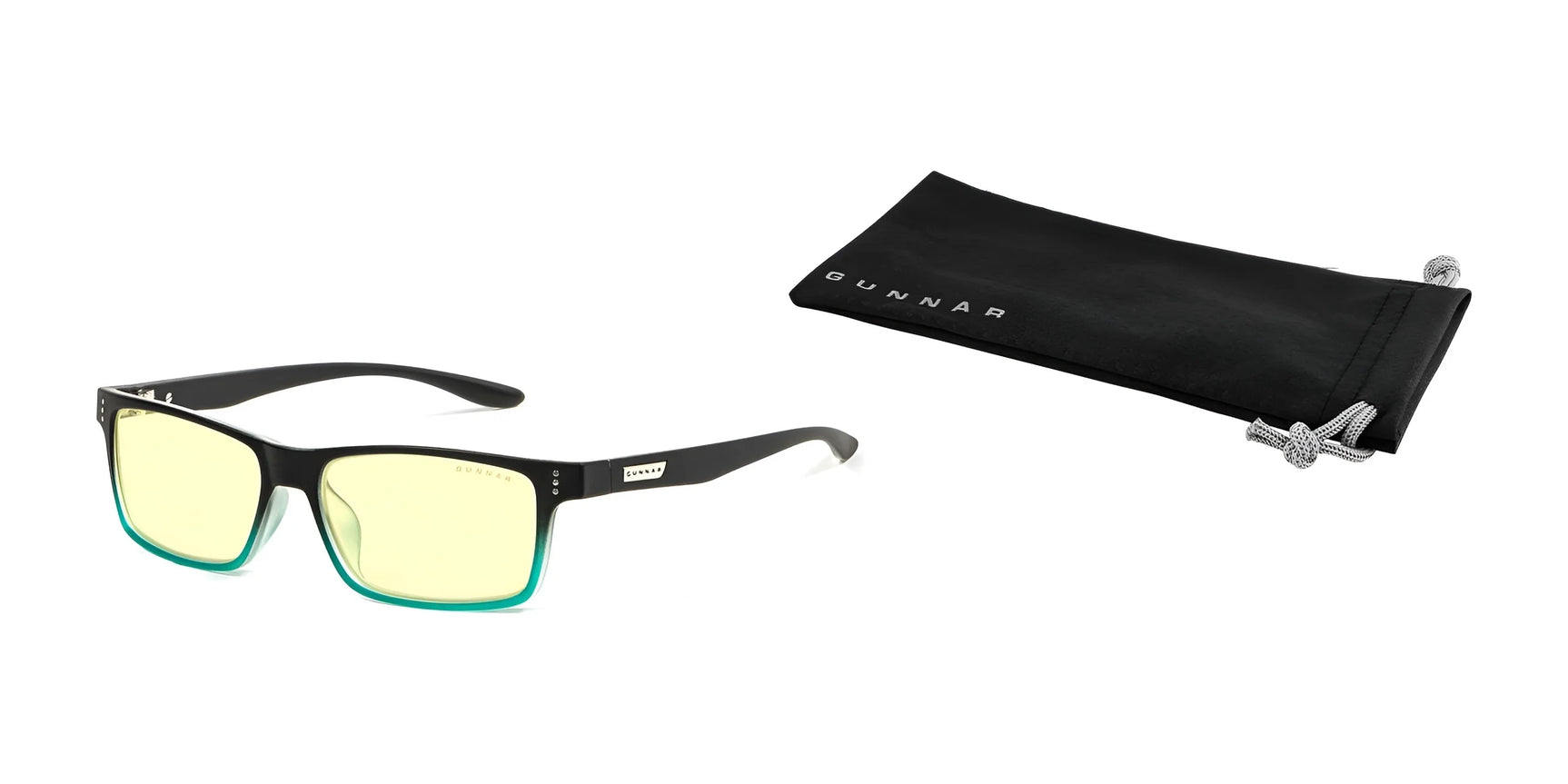 Gunnar Cruz Computer Glasses, Size 55, feature black frames and yellow lenses with GUNNAR technology to block blue light and reduce eye strain. Ideal for late-night studying, they come in a stylish black drawstring pouch.