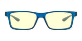 The Gunnar Cruz Computer Glasses, in size 55, come with GUNNAR lens technology and blue frames featuring yellow-tinted lenses to block blue light. Designed for teens, these glasses provide comfort and style from every angle.