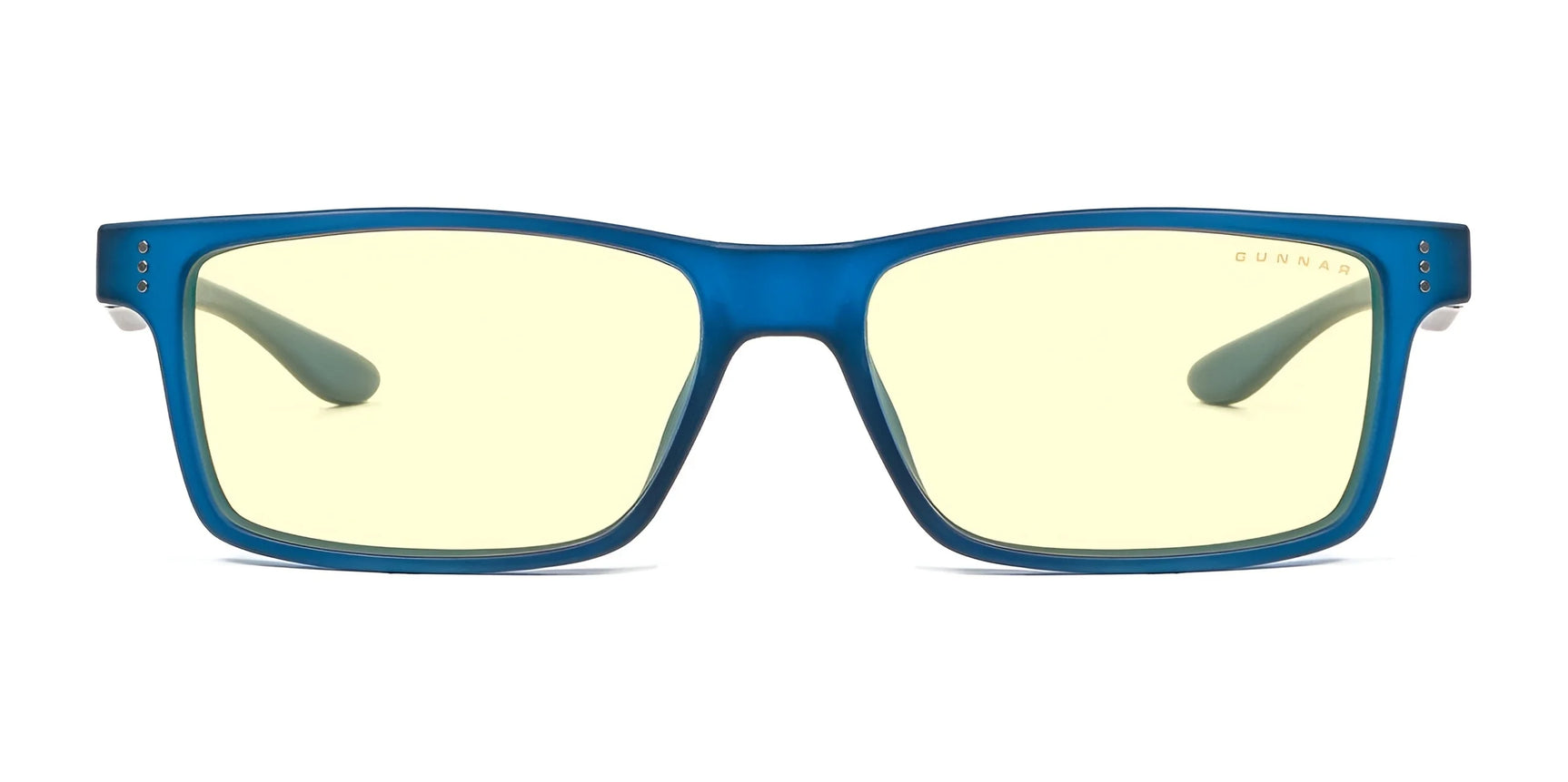 The Gunnar Cruz Computer Glasses, in size 55, come with GUNNAR lens technology and blue frames featuring yellow-tinted lenses to block blue light. Designed for teens, these glasses provide comfort and style from every angle.