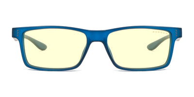 The Gunnar Cruz Computer Glasses, in size 55, come with GUNNAR lens technology and blue frames featuring yellow-tinted lenses to block blue light. Designed for teens, these glasses provide comfort and style from every angle.