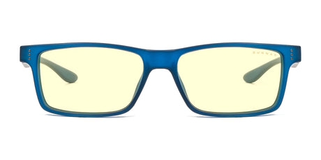 The Gunnar Cruz Computer Glasses, in size 55, come with GUNNAR lens technology and blue frames featuring yellow-tinted lenses to block blue light. Designed for teens, these glasses provide comfort and style from every angle.