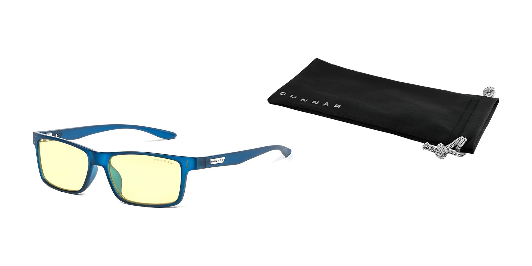 The Gunnar Cruz Computer Glasses, size 55, feature a blue frame and yellow-tinted lenses with GUNNAR technology. They come with a sleek black drawstring pouch, designed for teens seeking stylish protection against blue light on a pristine white background.