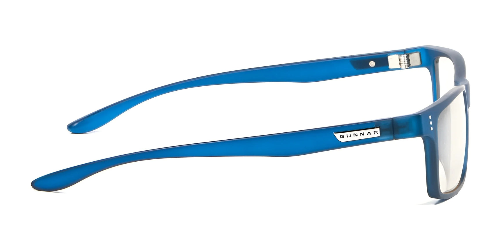 Side view of the Gunnar Cruz Computer Glasses in blue, showcasing a rectangular frame and clear lenses with GUNNAR lens technology for superior blue light blocking.