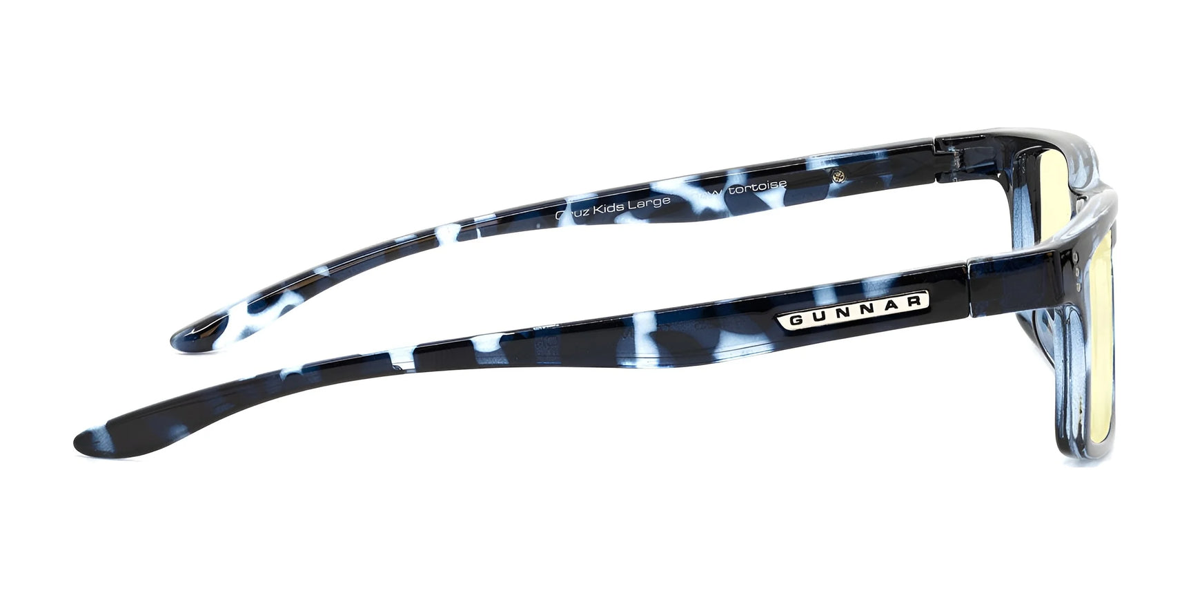 Side view of Gunnar Cruz Kids Computer Glasses, size 49, featuring a black and white pattern with the "Gunnar" logo on the temple, ideal for blocking blue light.