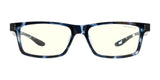 The Gunnar Cruz Kids Computer Glasses, Size 49, feature a blue tortoiseshell rectangular frame with yellow-tinted lenses designed to block blue light.