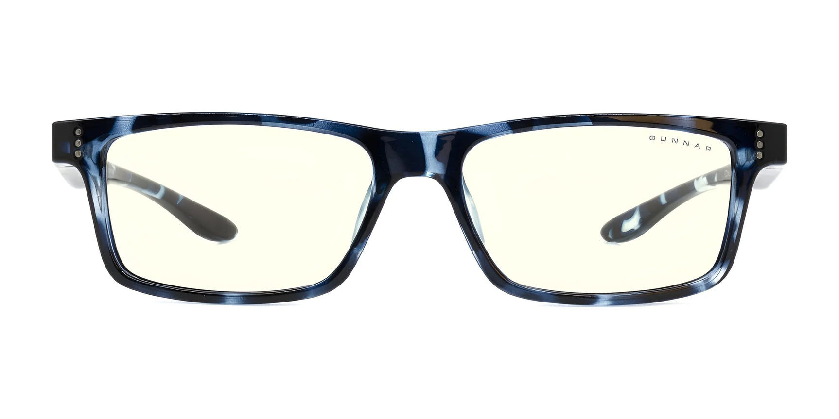 The Gunnar Cruz Kids Computer Glasses, Size 49, feature a blue tortoiseshell rectangular frame with yellow-tinted lenses designed to block blue light.