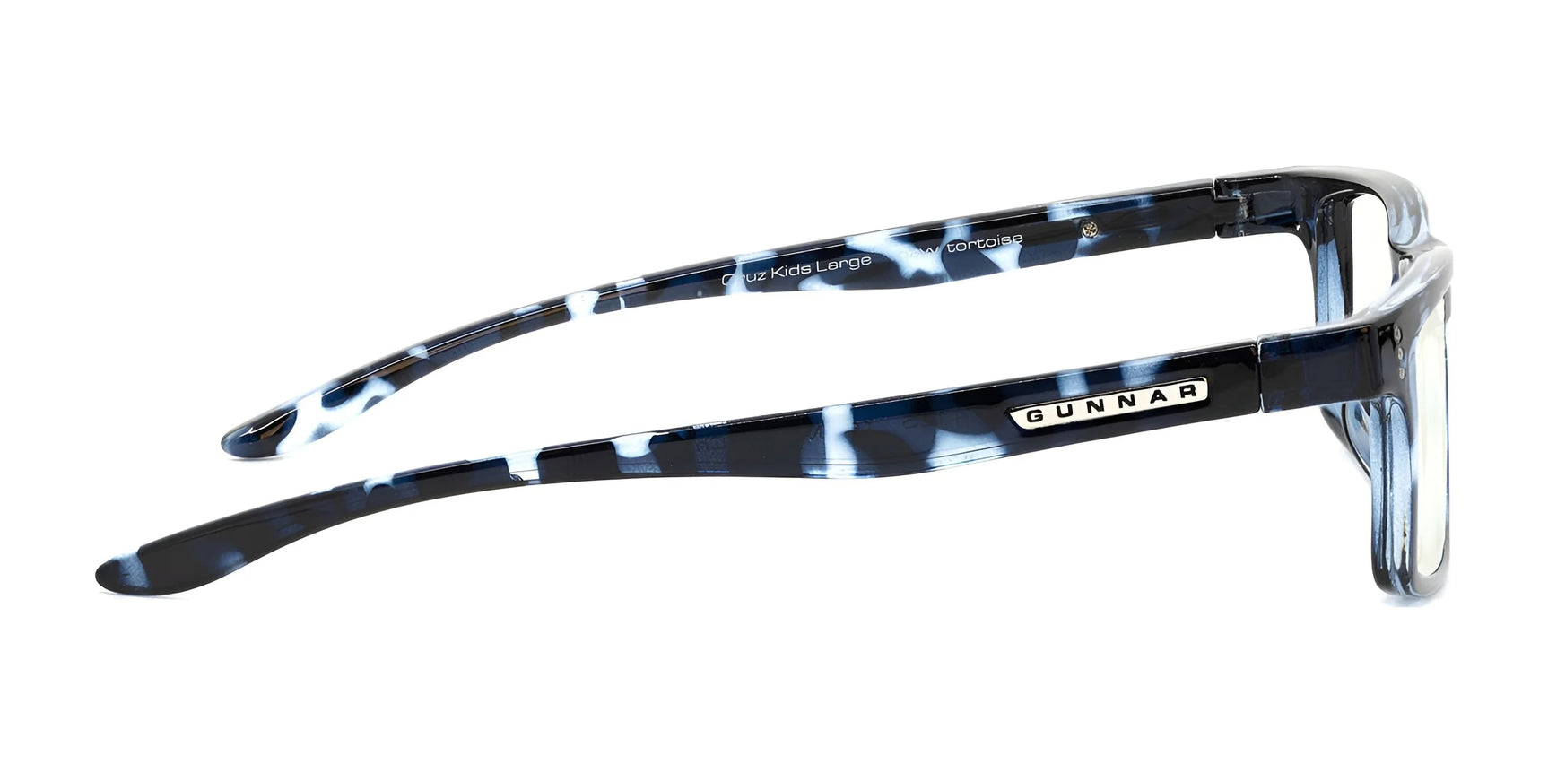 Gunnar Cruz Kids Computer Glasses in gray and black tortoiseshell feature "GUNNAR" on the temple. Viewed from the side, these size 49 eyeglasses are perfect for kids, offering stylish blue light blocking for eye protection.
