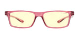 Gunnar Cruz Kids Computer Glasses (Size 49) with a pink rectangular frame and yellow tinted lenses are designed by Gunnar to be stylish kids' eyewear that also protects young eyes by blocking blue light.