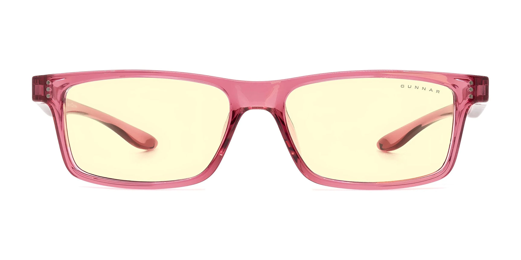 Gunnar Cruz Kids Computer Glasses (Size 49) with a pink rectangular frame and yellow tinted lenses are designed by Gunnar to be stylish kids' eyewear that also protects young eyes by blocking blue light.