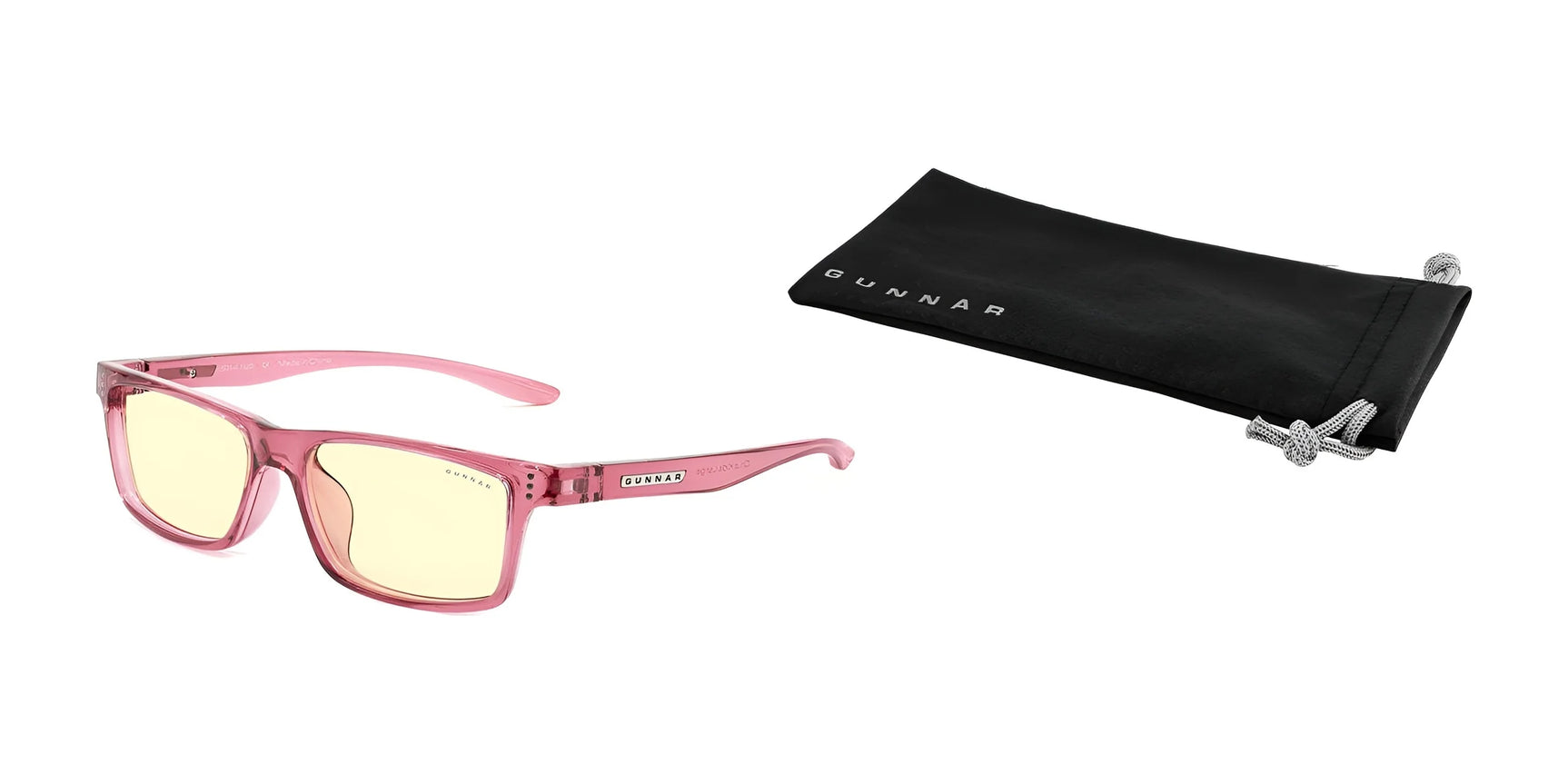 The Gunnar Cruz Kids Computer Glasses, size 49, offer style and protection with pink frames and tinted lenses. They come in a sleek black pouch featuring the Gunnar logo.