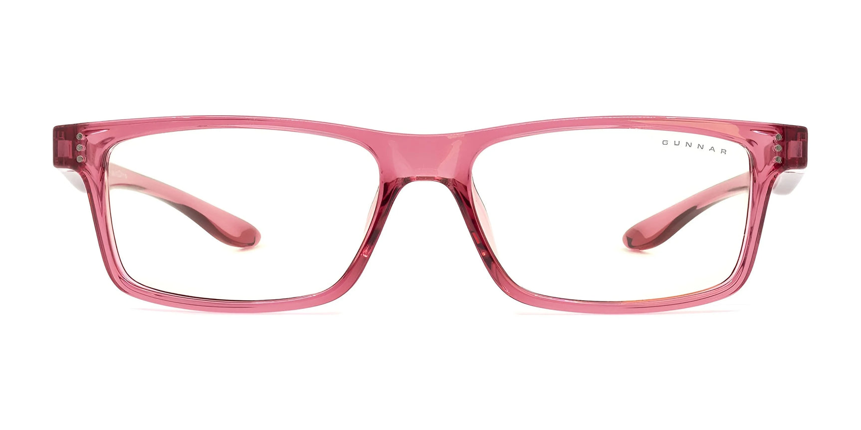 Gunnar's Cruz Kids Computer Glasses, size 49, feature pink rectangular frames with clear lenses. They offer a precise front view and block blue light to protect young eyes during screen time.