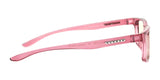 Gunnar Cruz Kids Computer Glasses in pink translucent, size 49, feature the word "Gunnar" on the side and offer blue light blocking protection to shield young eyes from digital screens.