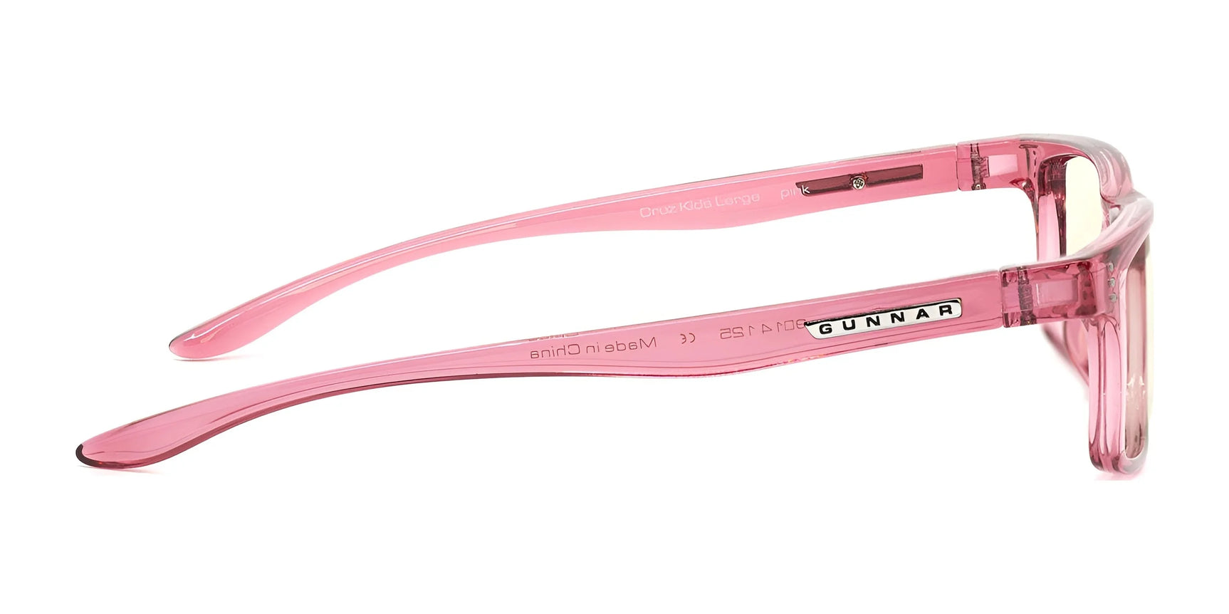Gunnar Cruz Kids Computer Glasses in pink translucent, size 49, feature the word "Gunnar" on the side and offer blue light blocking protection to shield young eyes from digital screens.