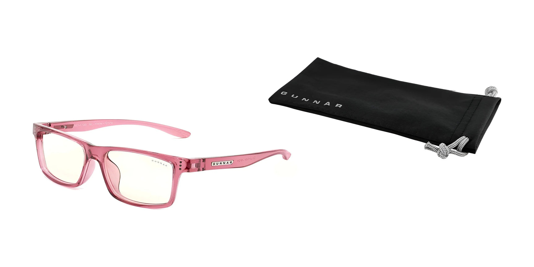 Gunnar Cruz Kids Computer Glasses, size 49, feature pink frames with yellow-tinted lenses for blue light blocking and sit beside a black Gunnar pouch on a white background. Perfectly designed to protect young eyes.