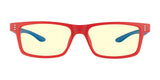 The Gunnar Cruz Kids Spider-Man Edition Computer Glasses feature red rectangular frames, yellow-tinted lenses, and blue temple tips for stylish flair and essential blue light protection.