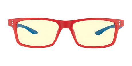 The Gunnar Cruz Kids Spider-Man Edition Computer Glasses feature red rectangular frames, yellow-tinted lenses, and blue temple tips for stylish flair and essential blue light protection.