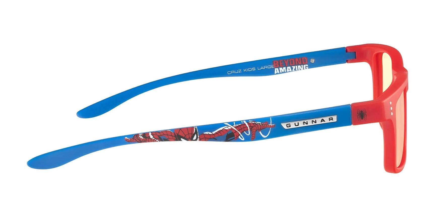 Check out the Gunnar Cruz Kids Spider-Man Edition Computer Glasses, Size 49, in vibrant red and blue with Spider-Man motifs and "Beyond Amazing" text. These stylish frames also provide blue light protection for your little superhero's eyes.