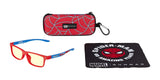 The Gunnar Cruz Kids Spider-Man Edition Glasses (Size 49) boast vibrant red frames and offer blue light protection. This set includes a web-patterned case and a cleaning cloth, celebrating 60 years of Spider-Man!.