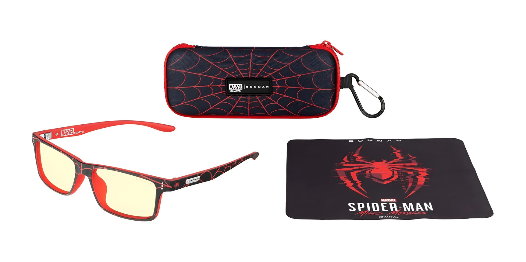 Gunnar Cruz Spider-Man Miles Morales Edition Computer Glasses feature a red and black design with a durable nylon frame. They come with a web-designed case and cleaning cloth, offering blue light protection while showcasing superhero style.