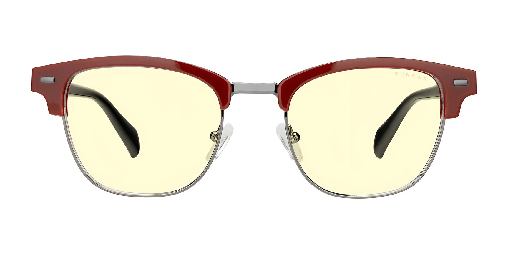 The Gunnar Diablo IV Sanctuary Edition Computer Glasses, size 53, feature a red and silver design with yellow-tinted lenses, elegantly resting on a plain white background.