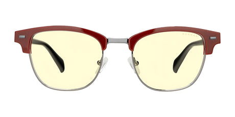 The Gunnar Diablo IV Sanctuary Edition Computer Glasses, size 53, feature a red and silver design with yellow-tinted lenses, elegantly resting on a plain white background.