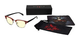 Gunnar Diablo IV Sanctuary Edition Computer Glasses, Size 53, come with a black box, drawstring pouch, and cloth featuring fantasy artwork. Perfect for marathon gaming sessions.