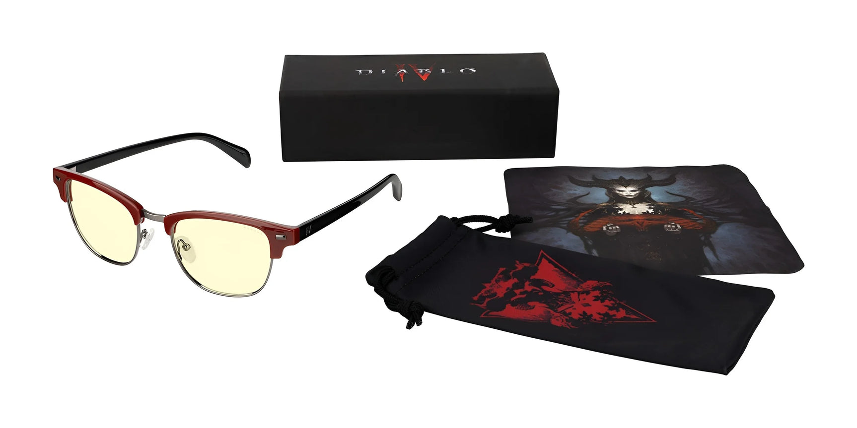 Gunnar Diablo IV Sanctuary Edition Computer Glasses, Size 53, come with a black box, drawstring pouch, and cloth featuring fantasy artwork. Perfect for marathon gaming sessions.