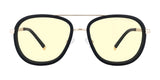 The Gunnar Dume Computer Glasses (Size 57) feature black-framed, stainless steel aviators with gold accents and a top bar. Designed with GUNNAR technology, they offer blue light protection for comfortable viewing.
