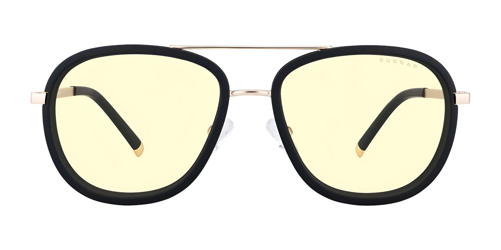 The Gunnar Dume Computer Glasses (Size 57) feature black-framed, stainless steel aviators with gold accents and a top bar. Designed with GUNNAR technology, they offer blue light protection for comfortable viewing.