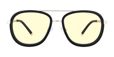 The Gunnar Dume Computer Glasses (Size 57) feature black-framed, stainless steel aviators with gold accents and a top bar. Designed with GUNNAR technology, they offer blue light protection for comfortable viewing.