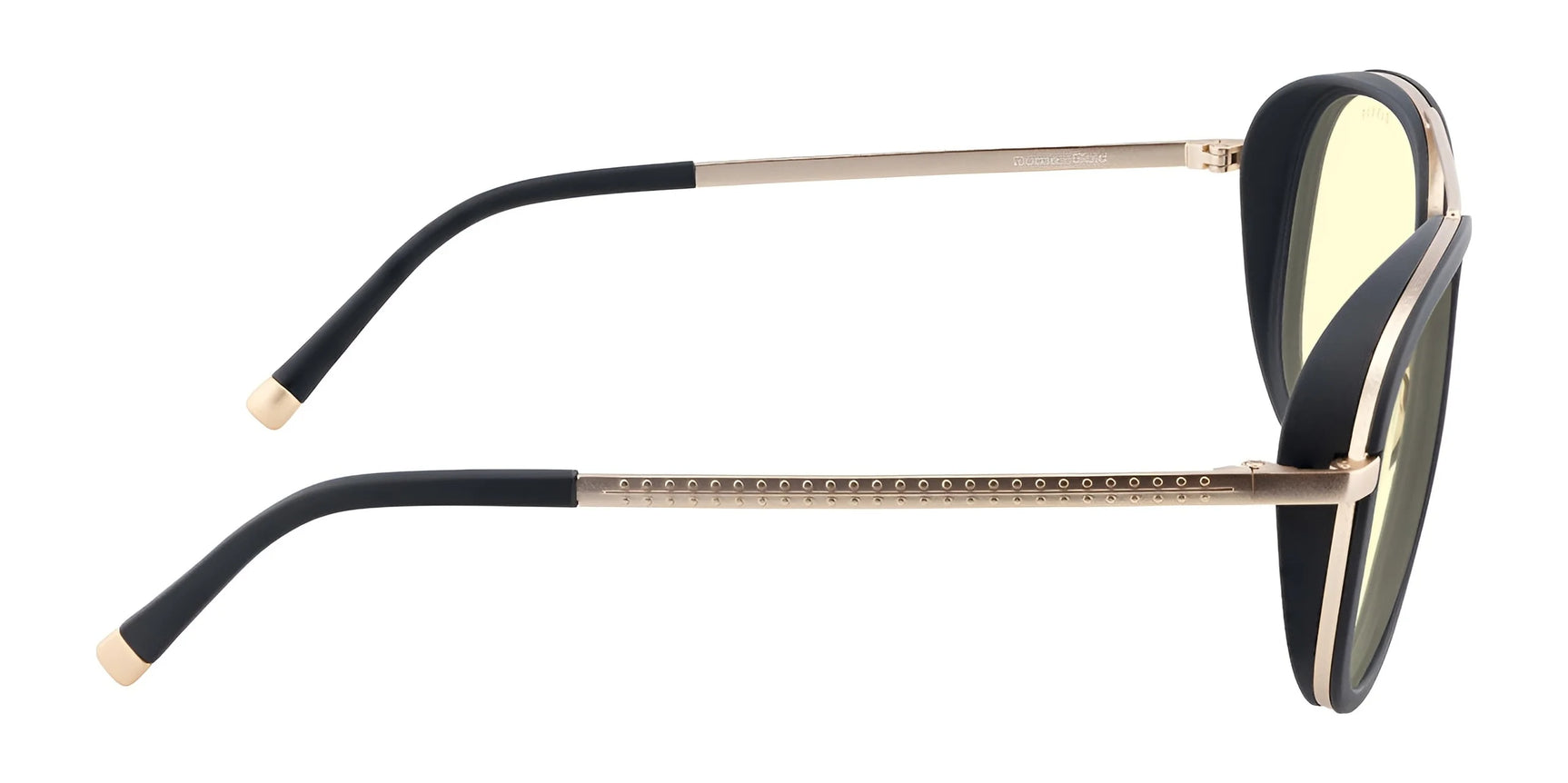 Side view of stylish Gunnar Dume Computer Glasses with a gold-toned stainless steel aviator frame and black arms, featuring advanced blue light protection technology by Gunnar.