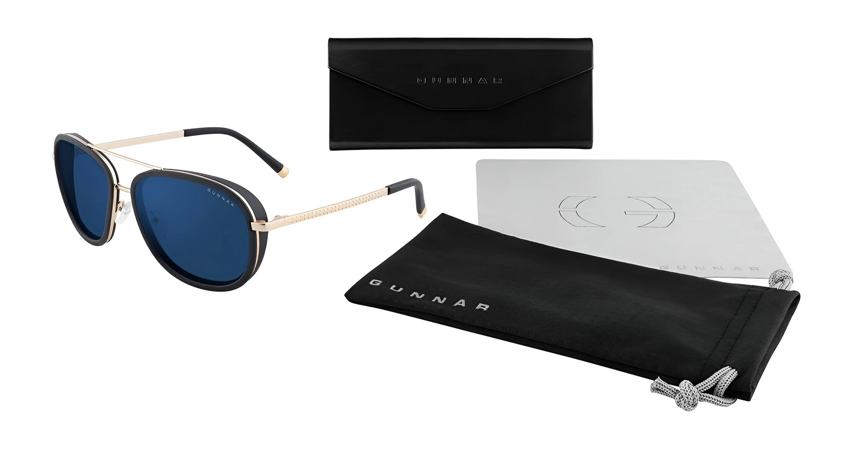 Gunnar Dume Sunglasses | Size 57 feature gold frames and blue lenses, come with a black case and pouch, include a gray logo cleaning cloth, and offer blue light protection for enhanced eye comfort.