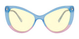 Cat-eye glasses from the Gunnar Overwatch DVa Tokki Edition, featuring blue and pink frames with yellow-tinted lenses. Ideal for bold Overwatch fans, these 54-sized glasses incorporate GUNNAR technology to reduce eye strain.