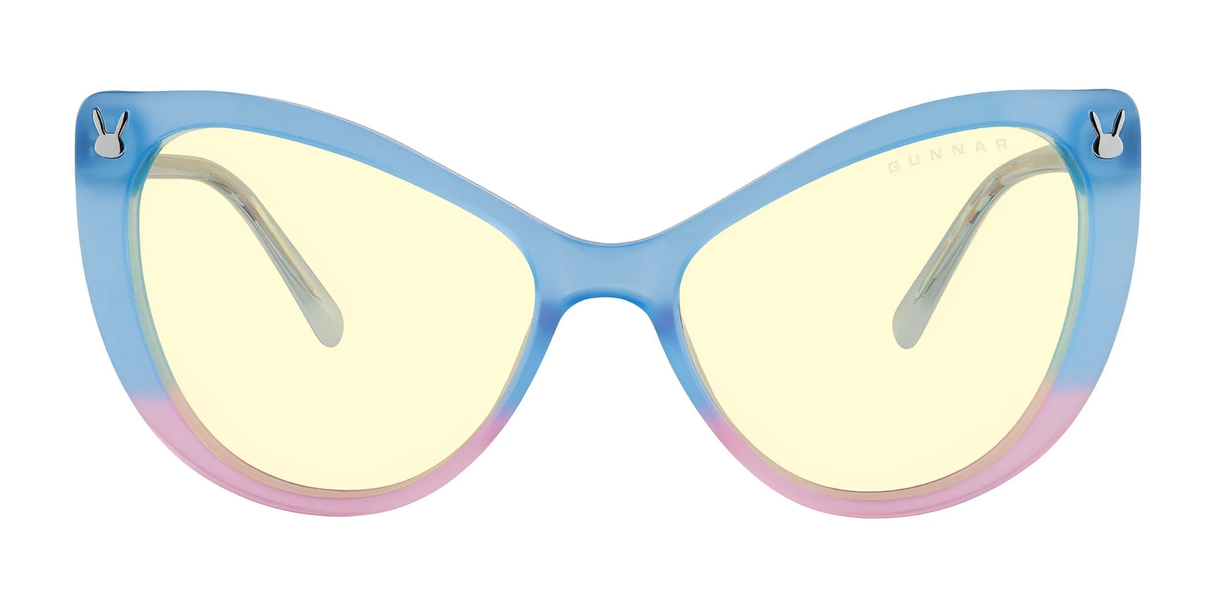Cat-eye glasses from the Gunnar Overwatch DVa Tokki Edition, featuring blue and pink frames with yellow-tinted lenses. Ideal for bold Overwatch fans, these 54-sized glasses incorporate GUNNAR technology to reduce eye strain.