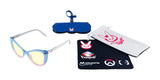 Introducing the Gunnar Overwatch DVa Tokki Edition Computer Glasses, featuring a pink rabbit logo. These glasses come with a stylish case, cleaning pouch, and mat, ensuring optimal eye protection with GUNNAR technology while staying on top of your game.