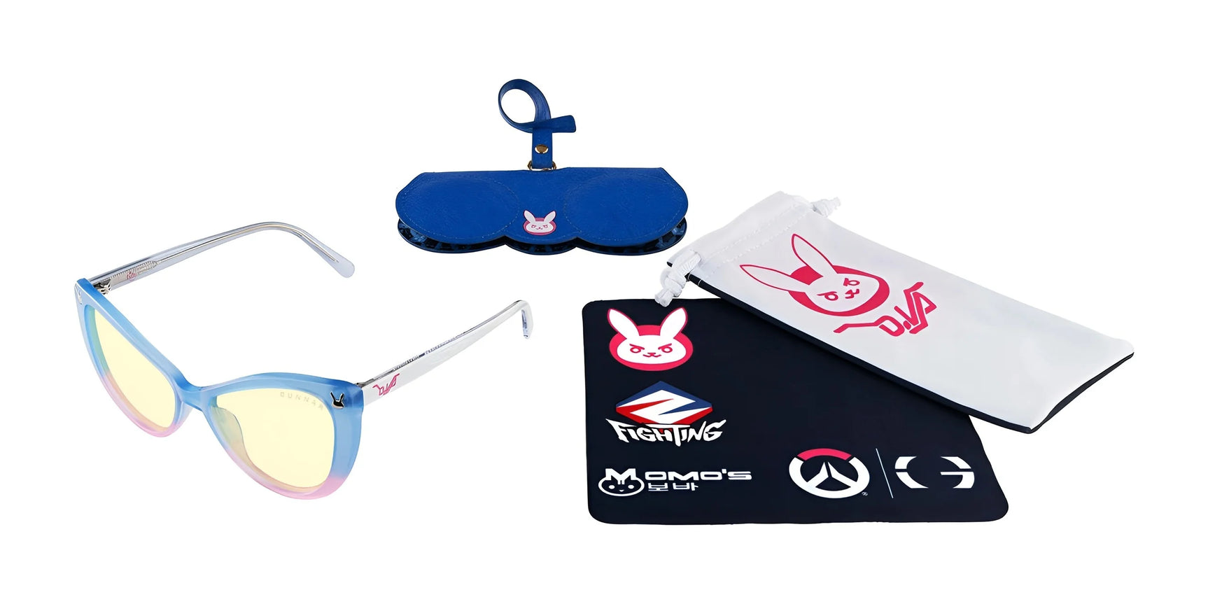 Introducing the Gunnar Overwatch DVa Tokki Edition Computer Glasses, featuring a pink rabbit logo. These glasses come with a stylish case, cleaning pouch, and mat, ensuring optimal eye protection with GUNNAR technology while staying on top of your game.